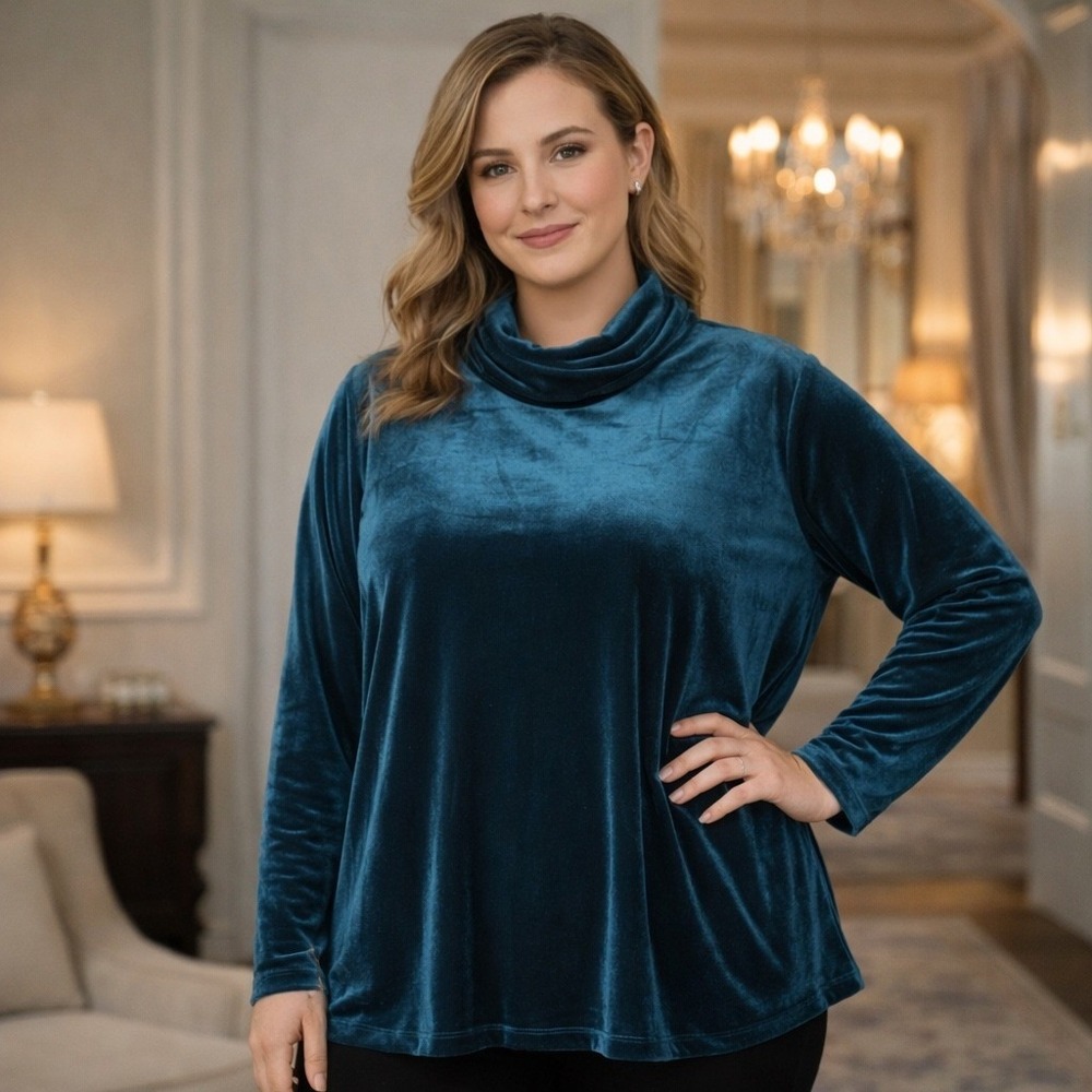 Susan Graver Velvet Tunic Top Womens 1X Teal Blue Stretch‎ Cowl Neck Long Sleeve